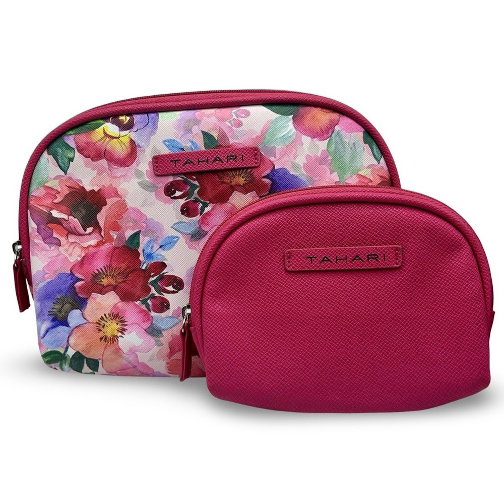 SET OF TWO Tahari Floral Pink Cosmetic Bags Travel Vacation Luggage Makeup